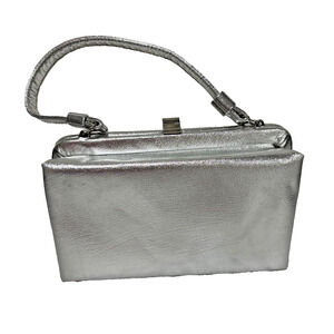 Vintage Silver Metallic Evening Bag Mid Century Top Handle Dressy Event Purse